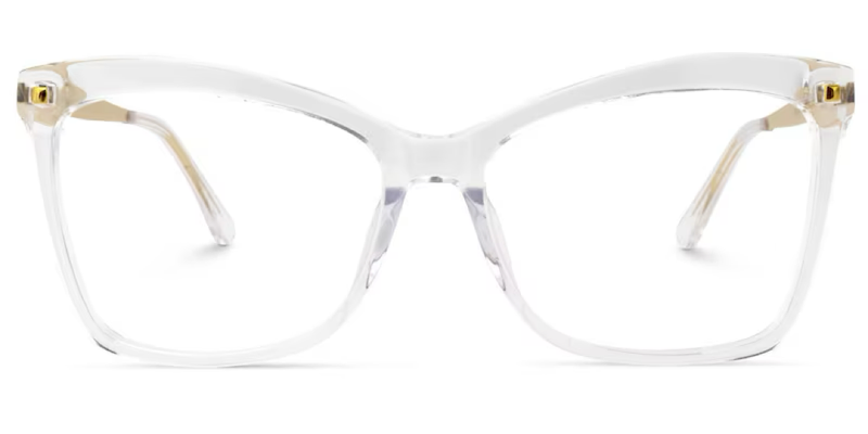 A pair of clear-framed glasses with a distinctive cat-eye shape, featuring a subtle upward sweep at the outer edges.